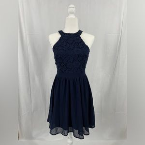Lulus Lover's Game Lace Sleeveless Halter Neck Skater Mini Dress Blue, S